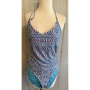 Cleanwater Geometric‎ Deep Cut Halter Swimsuit Size XL NWT